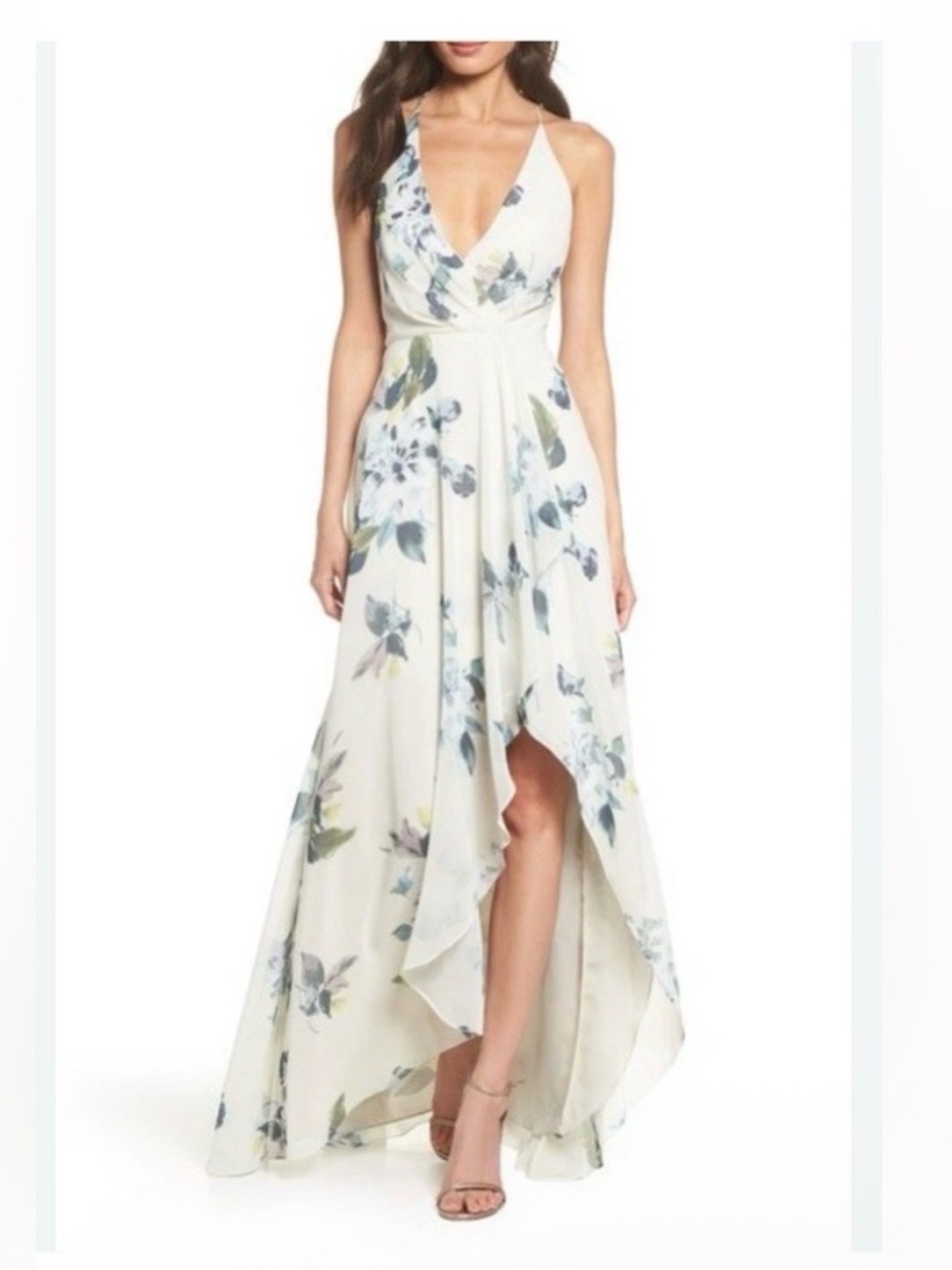 Jenny Yoo Women's Farrah Halter Faux Wrap Floral Chiffon Gown size 4
